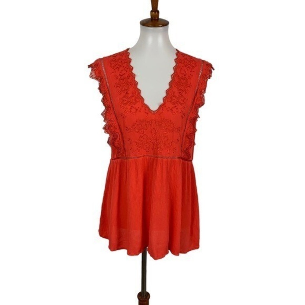 Adiva Womens Medium Red Sleeveless Blouse V Neck Ruffle Festival